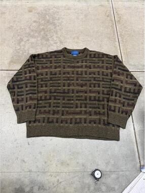 vintage olive green and brown towncraft squared knit sweater size xl